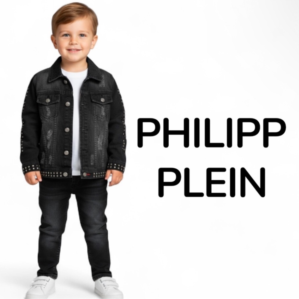 New Authentic Philipp Plein boys Cowboy studded denim & leather jean jacket 6